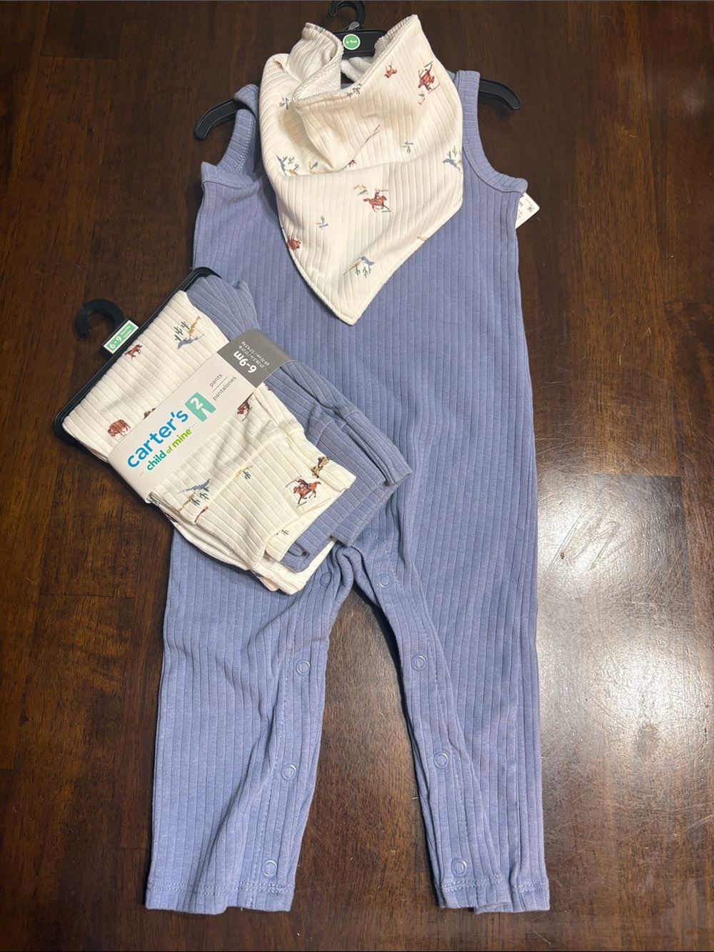 Carter's Lavender Ribbed Sleeveless Romper with Cream Printed Bandana Bib